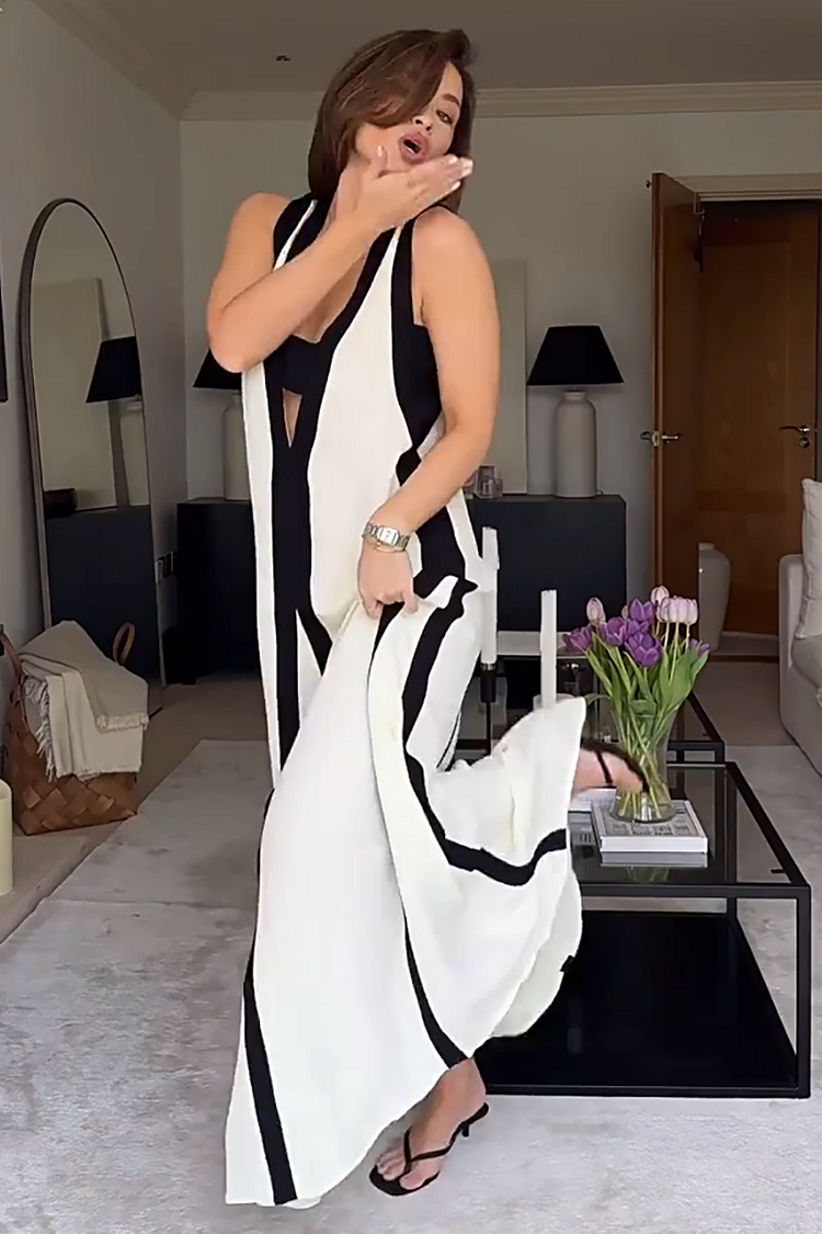 Heidi-Mode | Deep V Neck Rückenfreies Colorblock Maxi Tankkleider-Beige
