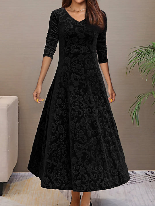 Heidi-Mode | Stilvolles Samtkleid mit Blumenmuster, V-Ausschnitt und Langen Ärmeln für Damen Ideal für Den Sommer