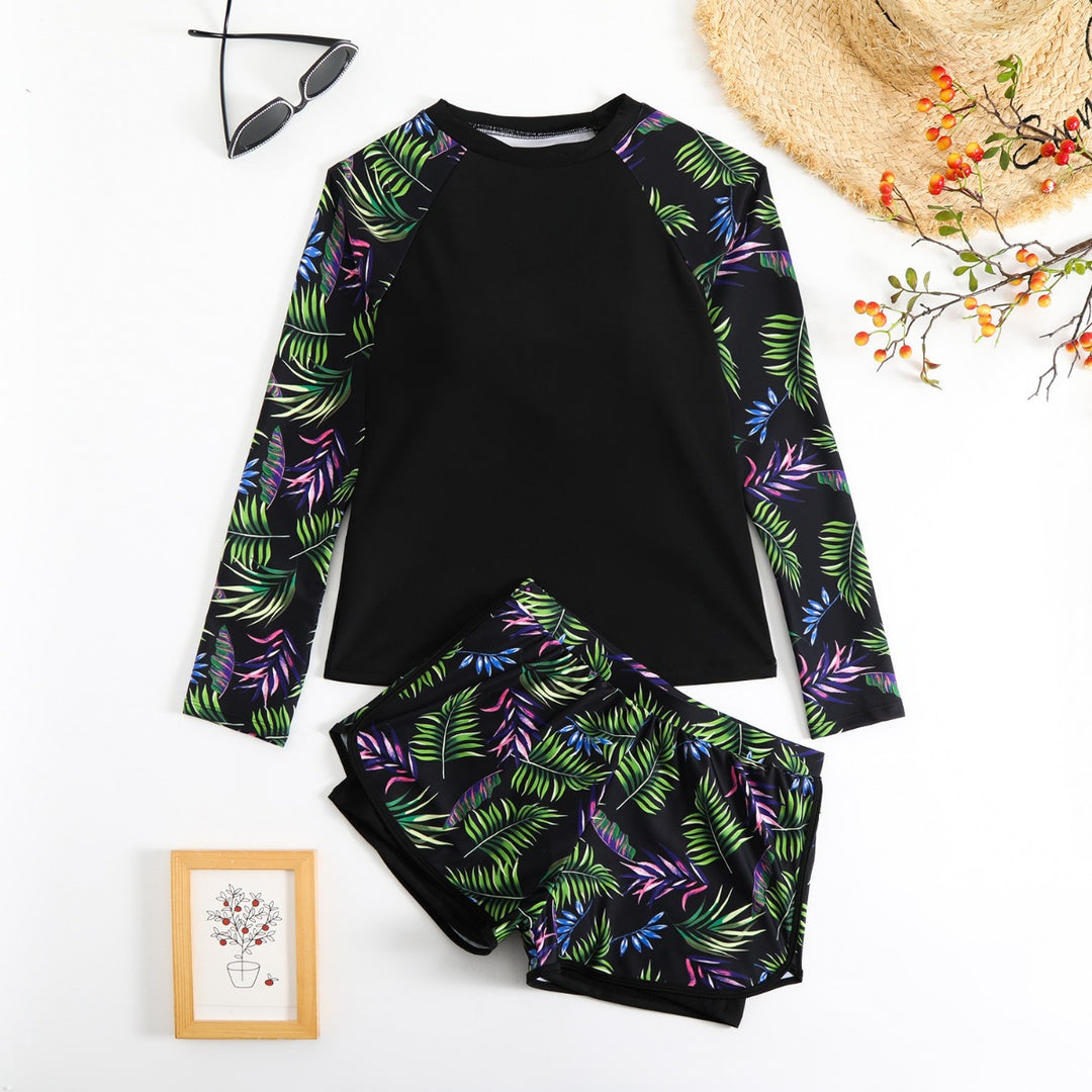 Heidi Mode | Langarm Print Spleißen Doppelhose Tankini Badeanzug