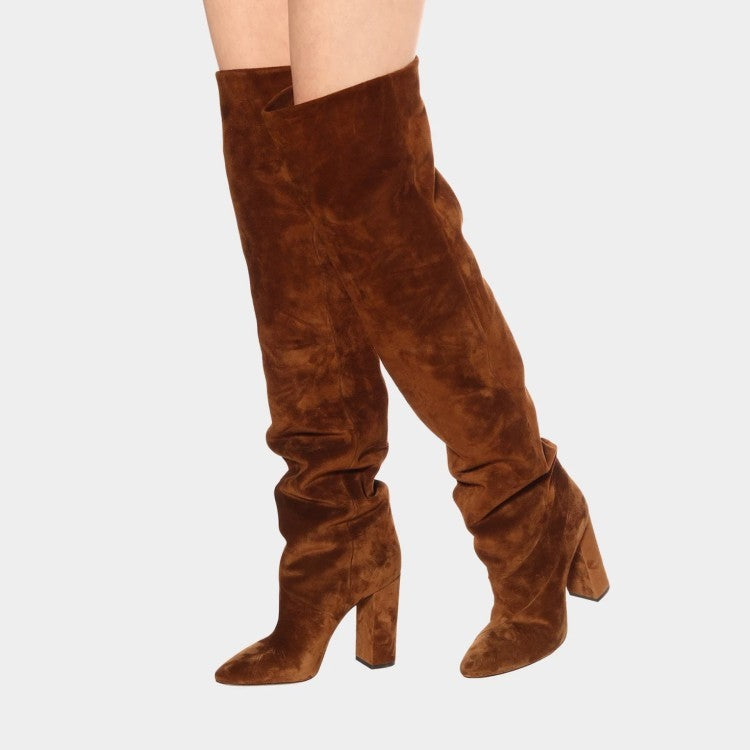 Heidi-Mode | Damen Matte Über Das Knie Dicke Absatz Hohe Stiefel Plissierte Stiefel