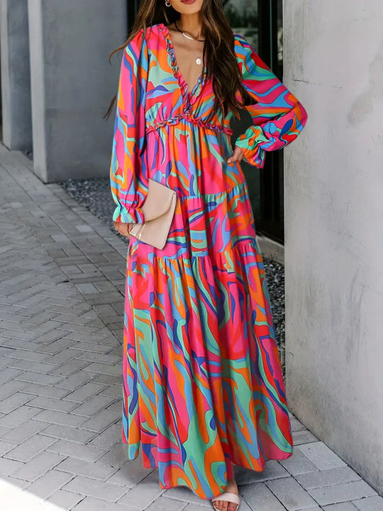 Maxi Dress met V-hals en lange mouwen met bloemenprint