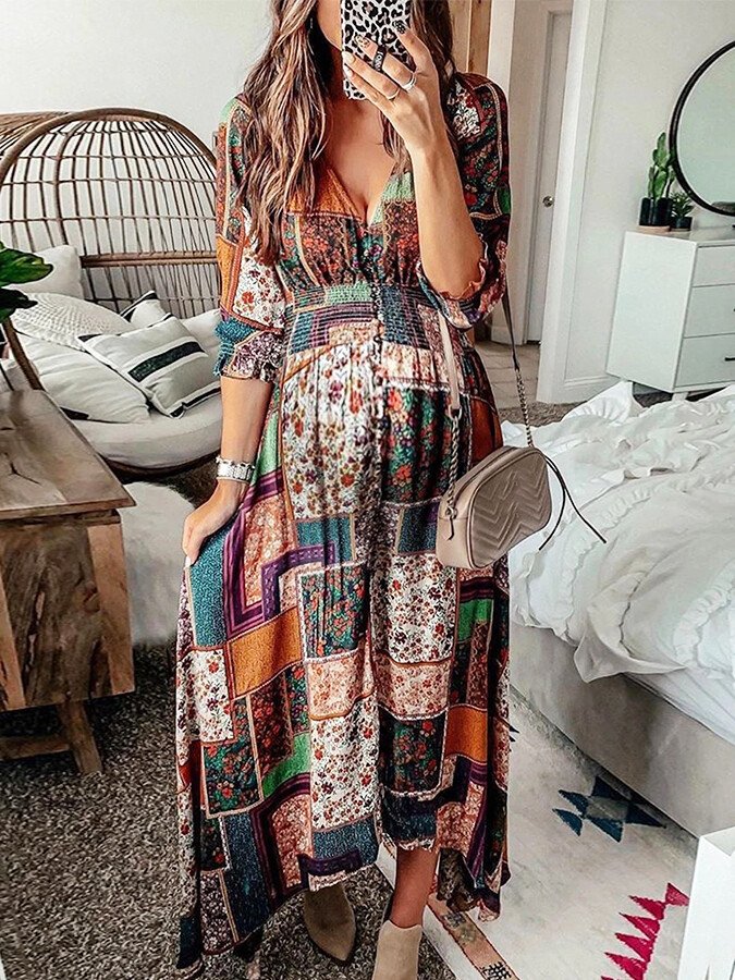 Bohemian Vintage Kleid mit V-Ausschnitt - Yara