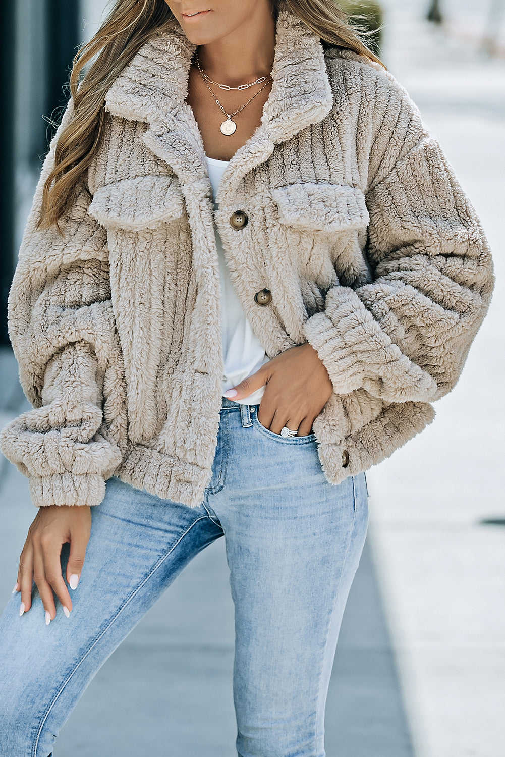 Unifarbene Plüsch Fleece Jacke Mit Knopfleiste