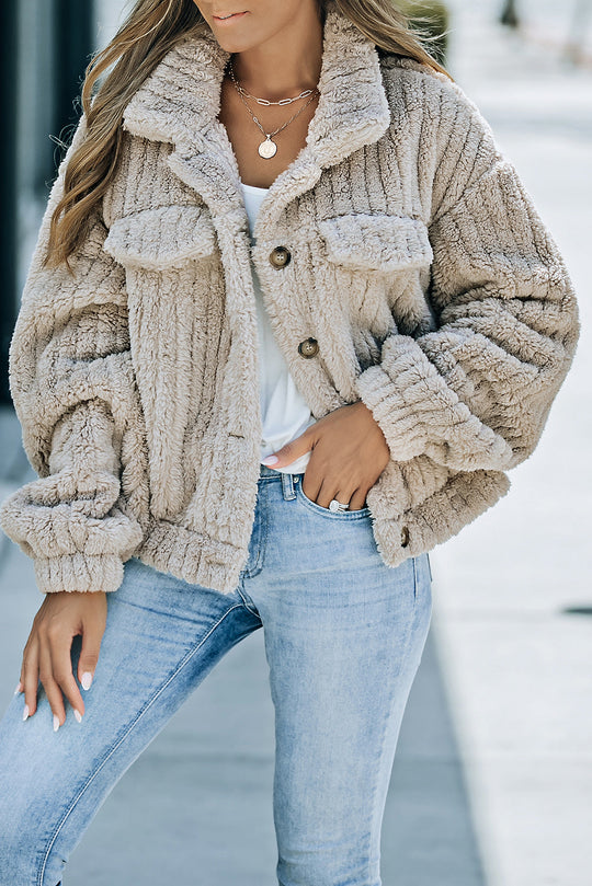 Unifarbene Plüsch Fleece Jacke Mit Knopfleiste
