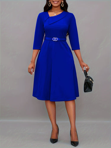 Heidi-Mode | Einfarbige Asymmetrische Halsgürtel 3/4 Ärmel Festliches Kleid Für Frauen - Ideal Für Alle Jahreszeiten
