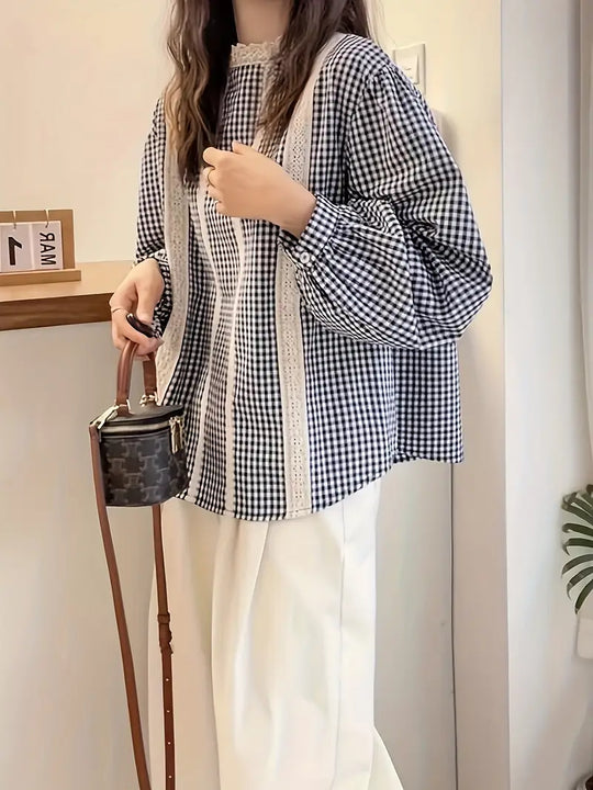 Heidi-Mode | Damenbluse Tartan mit Spitzenfinish