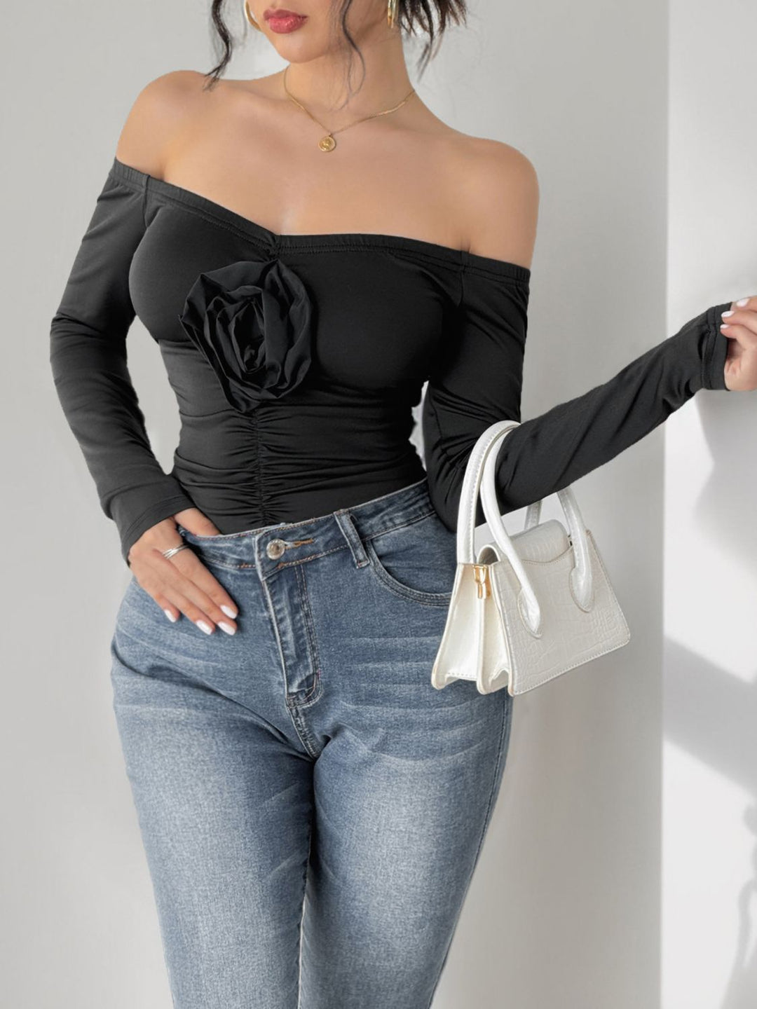 Heidi-Mode | Perfee Raffung Blumen Off-Shoulder Langarm Body