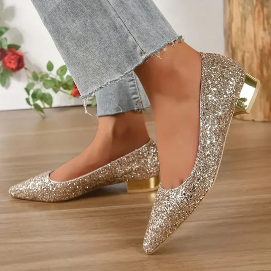 Heidi-Mode | Glitzer Schuhe mit Niedrigem Absatz Komfortabel und Stabil