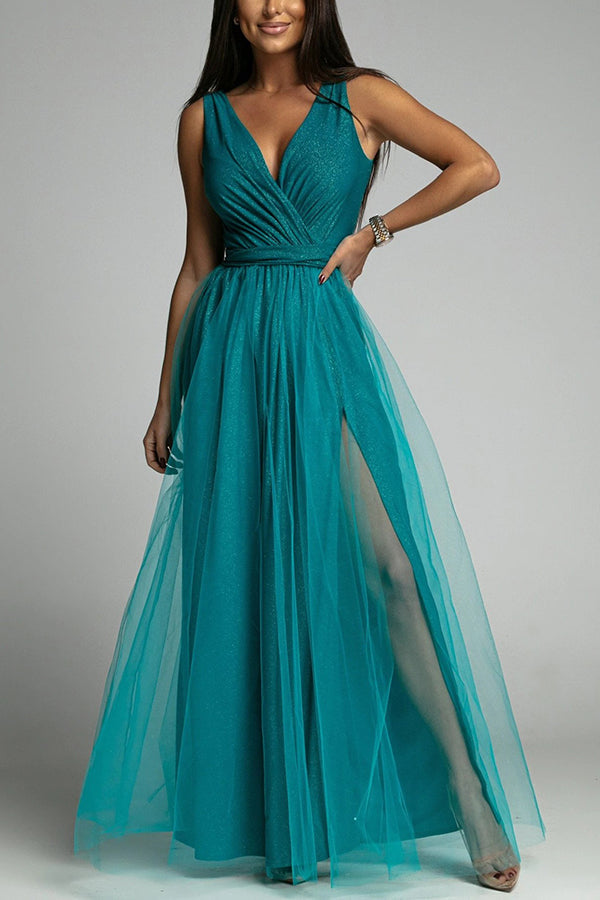 Heidi-Mode | It'S My Day Light Tulle Schlitz Maxi Kleid