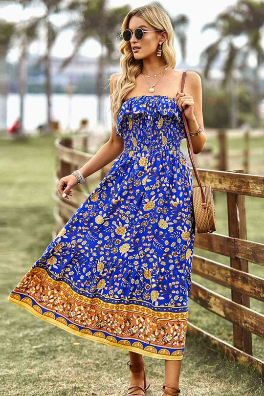 Heidi-Mode | Bohemian Strapless Schlitz Midi Kleid
