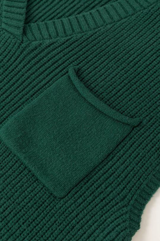 Grüner Brusttaschen-Pullover Mit Geripptem V-Ausschnitt Und Langen Ärmeln