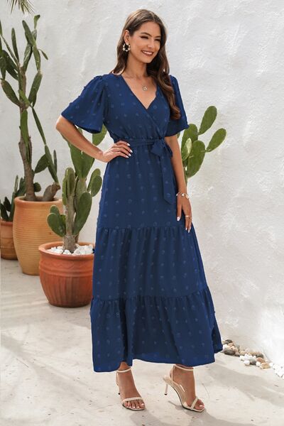 Heidi-Mode | Swiss Dot Gebunden Surplice Kurzarmkleid