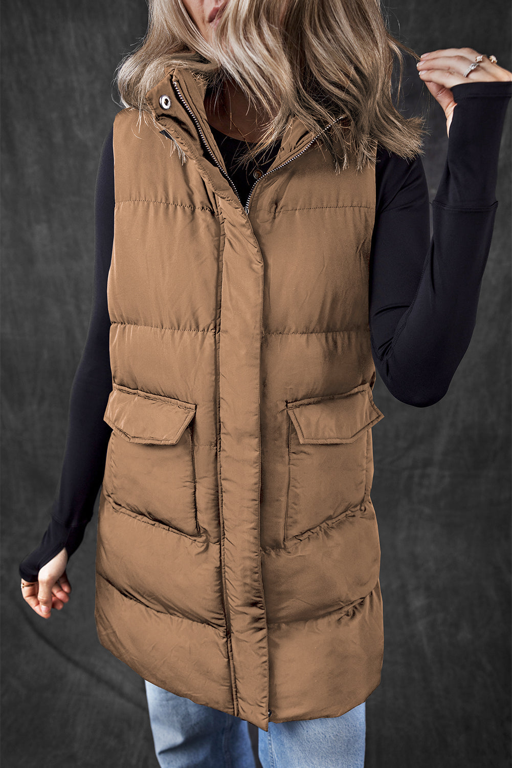 Windproof Longline Full Zipper Puffer Vest Mit Taschen