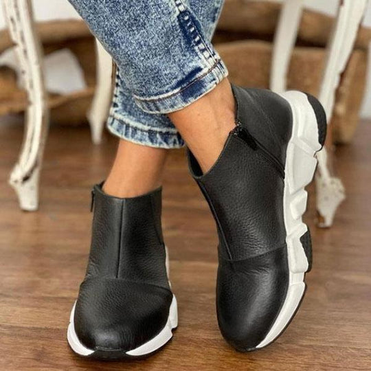Heidi-Mode | Flache Vegane Leder Stiefeletten mit Reißverschluss für Frauen