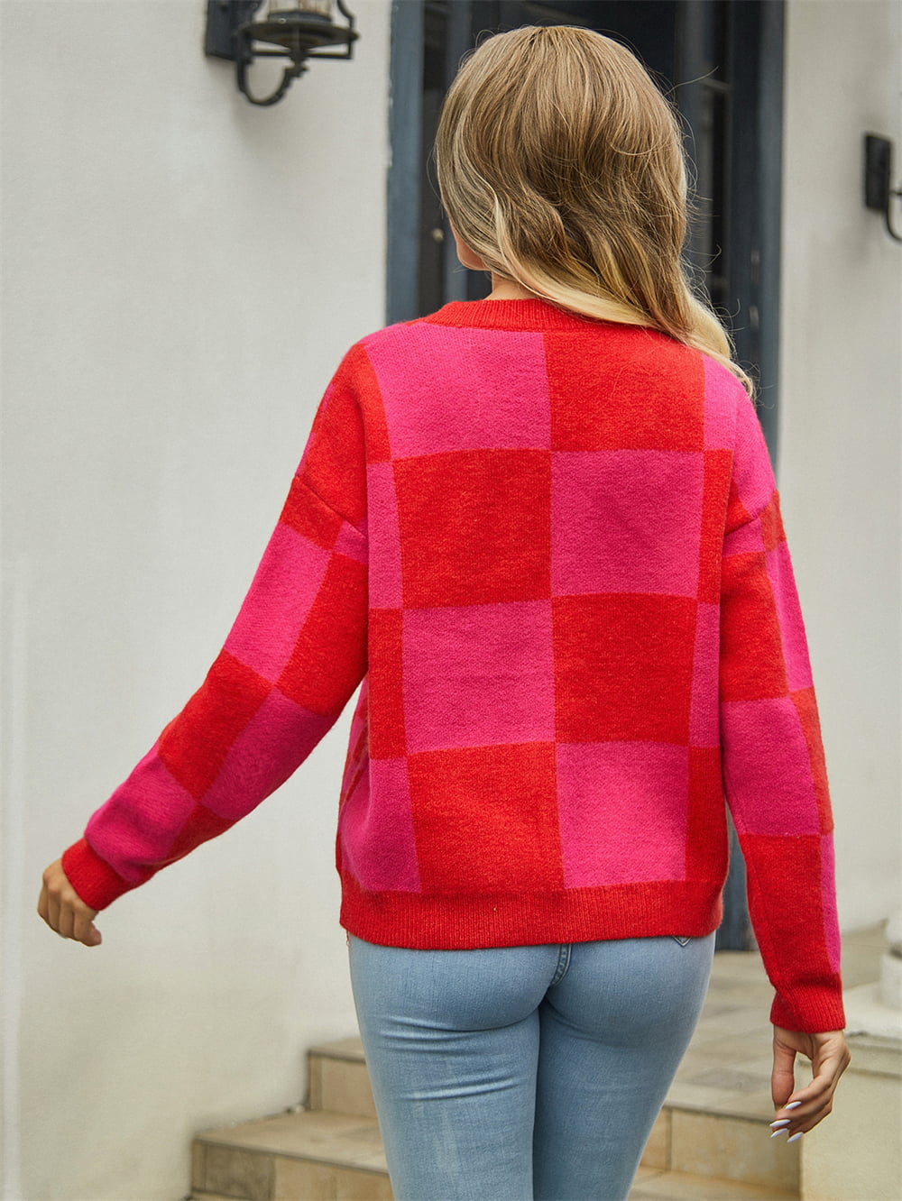 Heidi-Mode | Karierter V-Ausschnitt Gefallene Schulter Cardigan