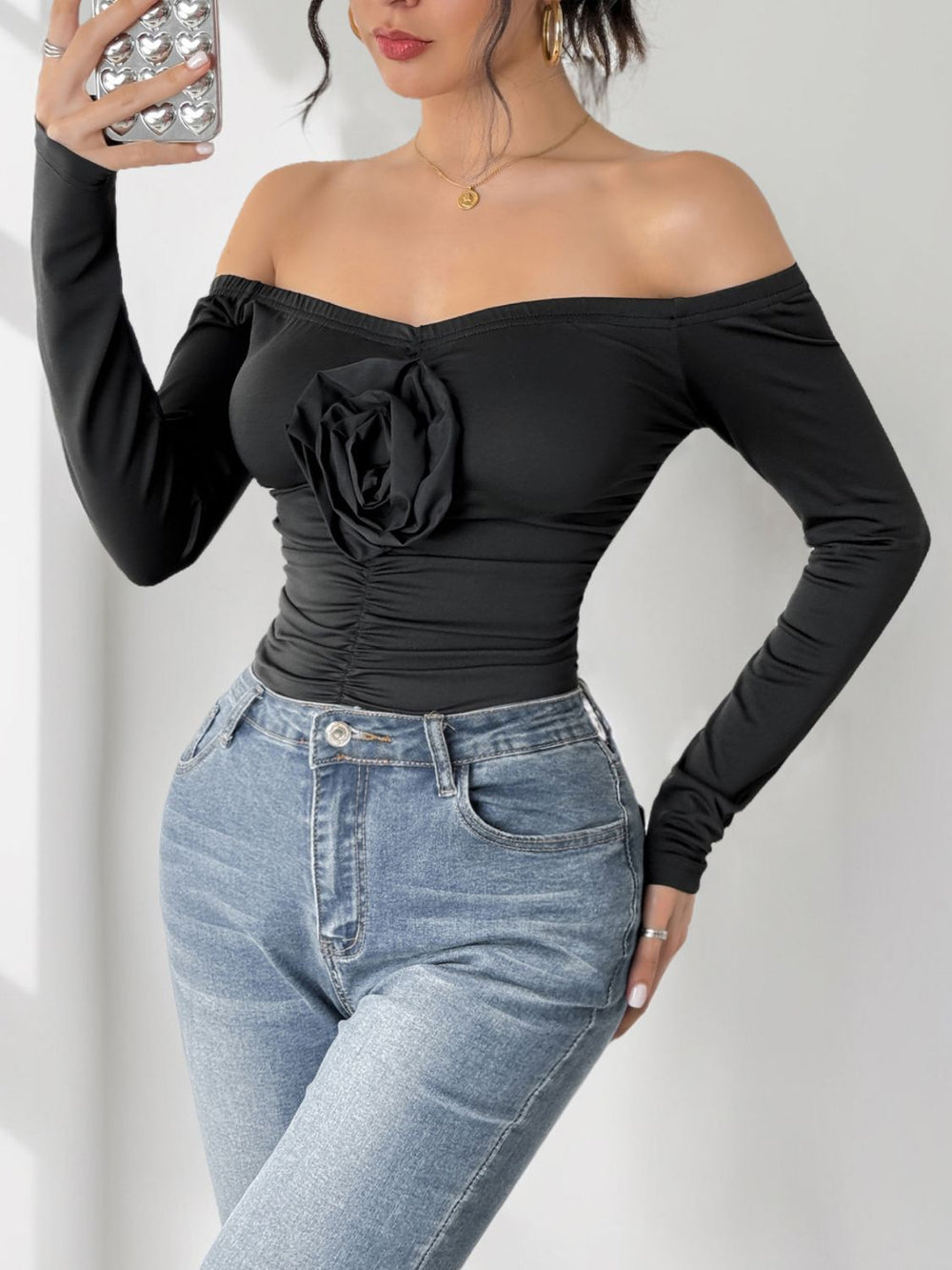 Heidi-Mode | Perfee Raffung Blumen Off-Shoulder Langarm Body