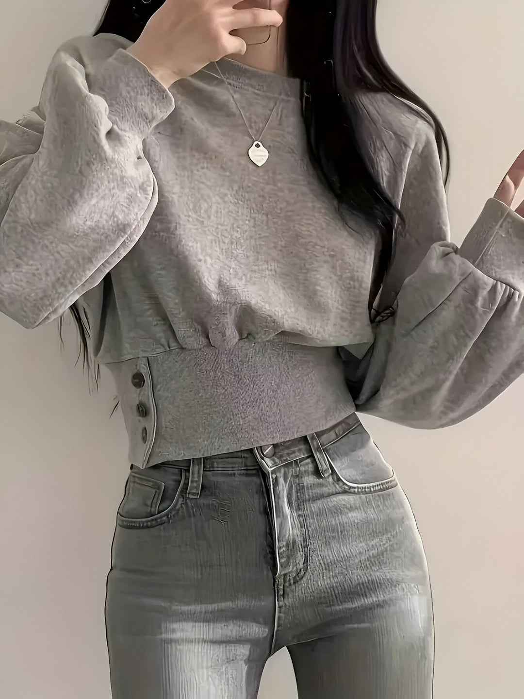 Heidi-Mode | Casual Luxe Elegantes T-Shirt In Einheitlicher Farbe mit Knopfdetail