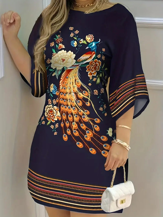 Heidi-Mode | Boho Kleid Pfauen Blumen Lässiges Kleid mit 3/4 Ärmeln für Frühling und Sommer