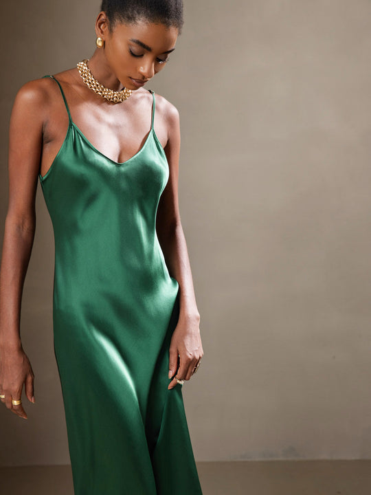 Heidi-Mode | Lange Seidenkleid mit Spaghetti-Träger