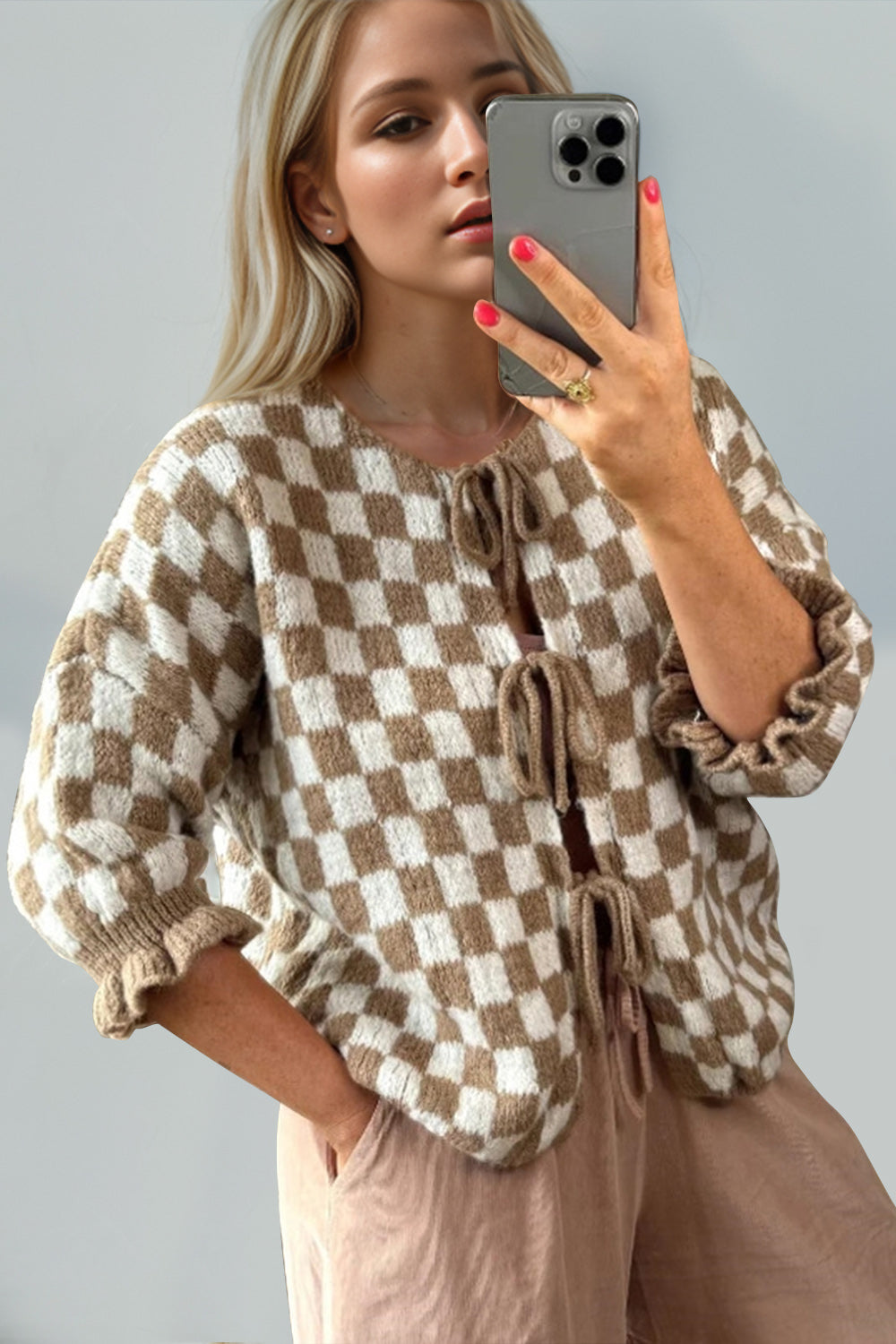 Heidi-Mode | Double Take Gebunden Karierter Fall Schulter Volant Ärmel Strickjacke