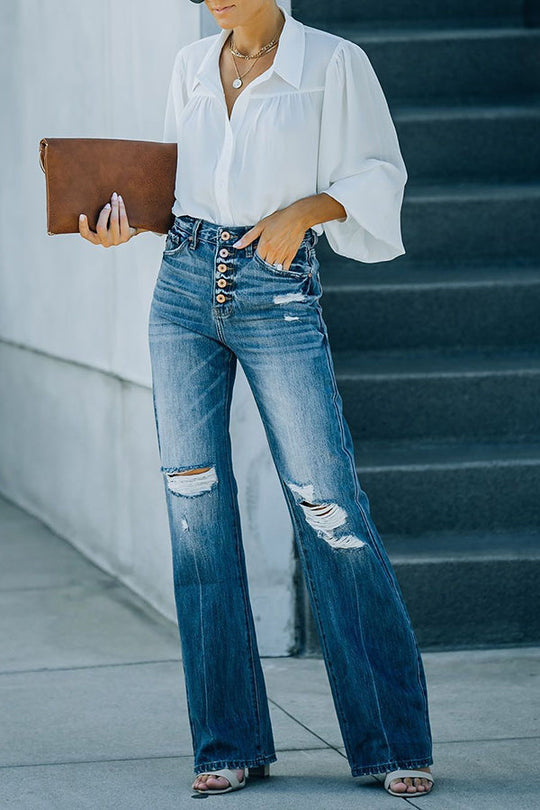 Heidi-Mode | Marcos Hohe Taille Distressed Knopf 90'S Flare Denim