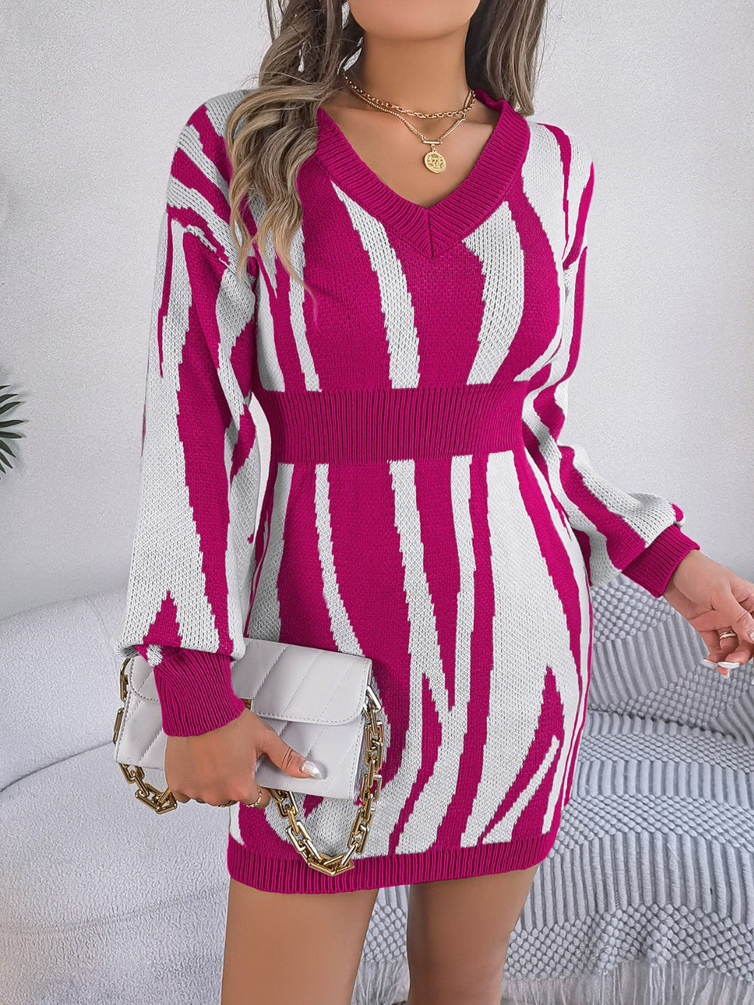 Heidi-Mode | Rüschen Druck V-Ausschnitt Langarm Pullover Kleid
