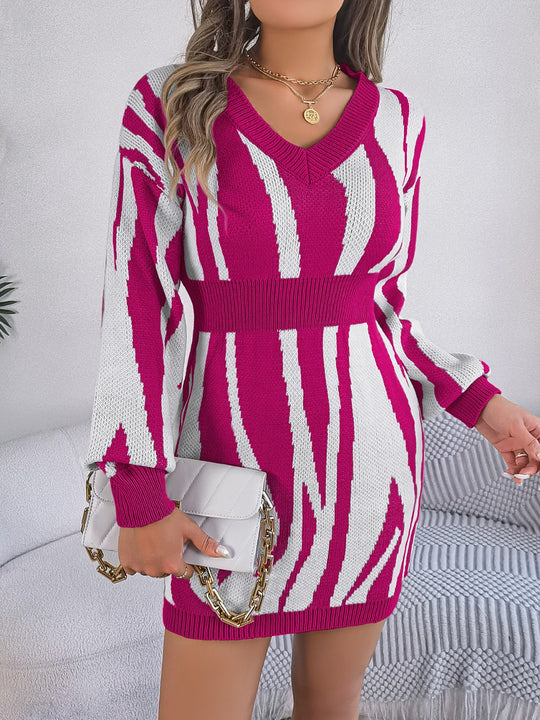 Heidi-Mode | Rüschen Druck V-Ausschnitt Langarm Pullover Kleid