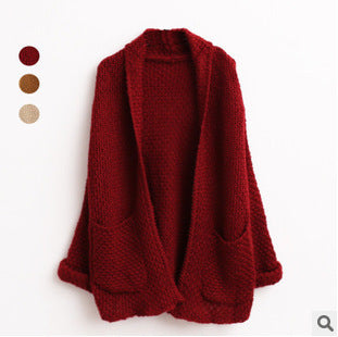 Damen grober Strick-Cardigan mit offenen Ärmeln und praktischen Taschen Heidi-Mode