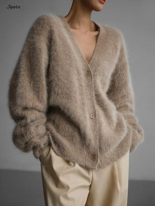 Heidi-Mode | Damen Strickpullover Strick Weicher Mohair Pullover mit V-Ausschnitt Lässig und Bequem
