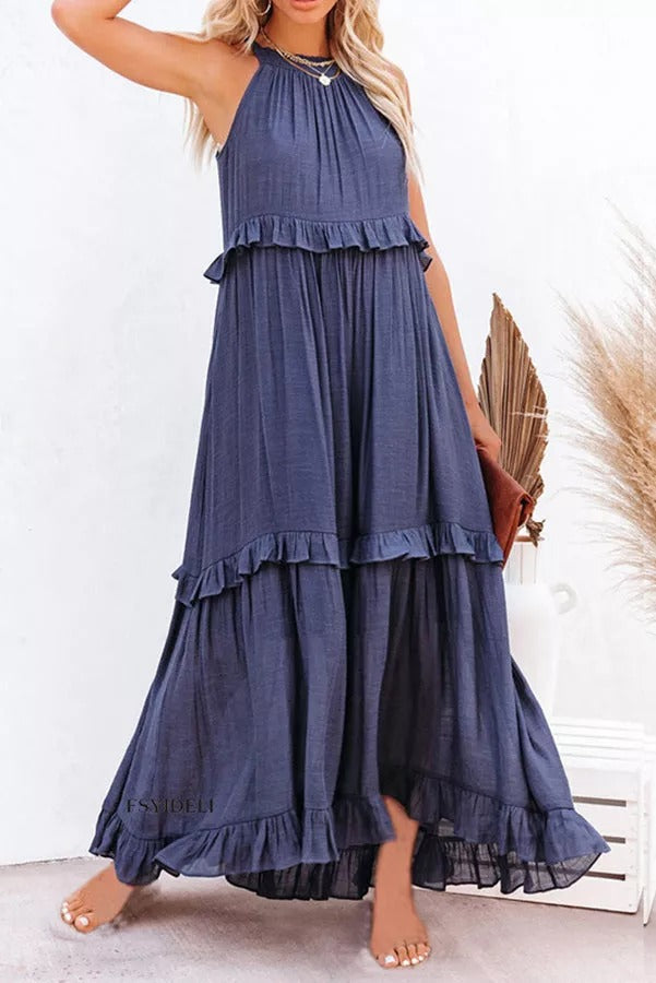 Heidi-Mode | Vittoria Raffung Rüsche Schichten Maxi Halter Kleid