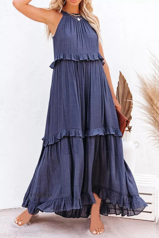 Heidi-Mode | Vittoria Raffung Rüsche Schichten Maxi Halter Kleid