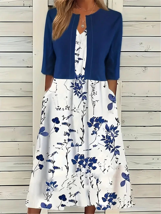Heidi-Mode | Elegante Zweiteilige Blumenkleid-Set mit Einfarbigem Crop-Top und Rundhalskleid