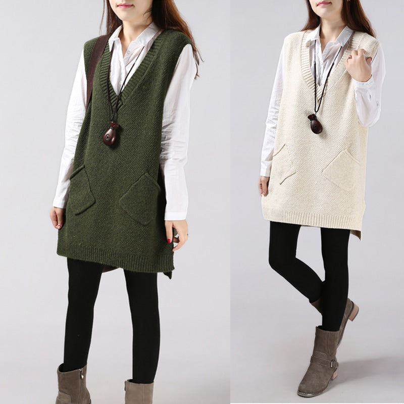 Damen Strickweste mit V-Ausschnitt und aufgesetzten Taschen Heidi-Mode