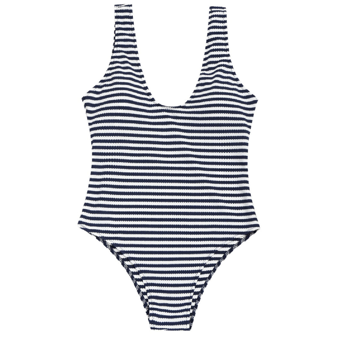 Damen Hoch geschnittene Badeanzug im maritimen Streifenlook Heidi-Mode