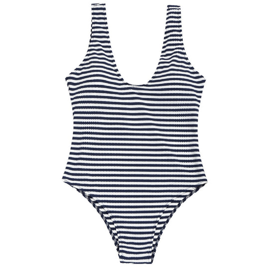 Damen Hoch geschnittene Badeanzug im maritimen Streifenlook Heidi-Mode