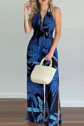 Heidi-Mode | Carneros Floral Print Halter Breite Beine Jumpsuit
