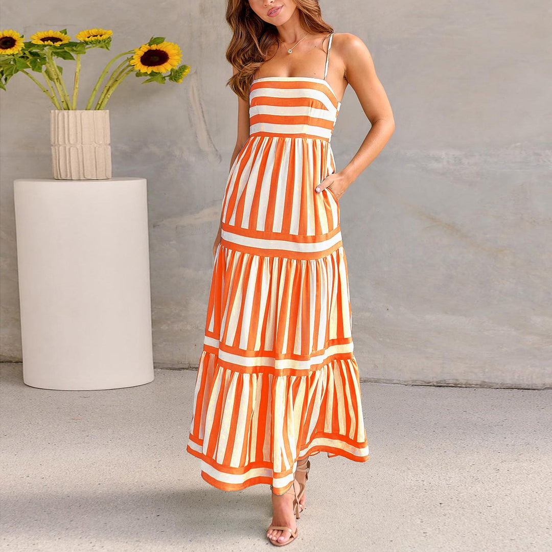 Heidi-Mode | Charlotte Sommerstreifen Gedruckt Träger Lange Kleid mit Taschen, Mode Rechteckiger Ausschnitt, Rückenfreie Kleider für Strandurlaub Damen Kleidung