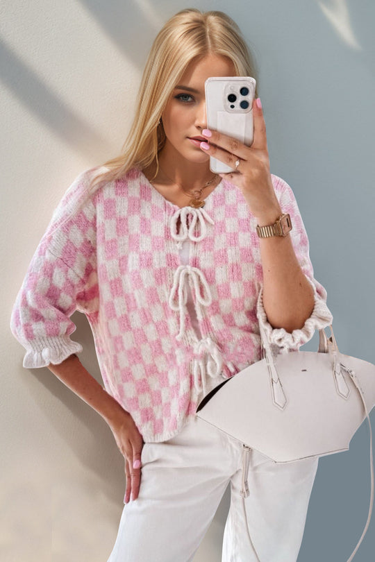 Heidi-Mode | Double Take Gebunden Karierter Fall Schulter Volant Ärmel Strickjacke