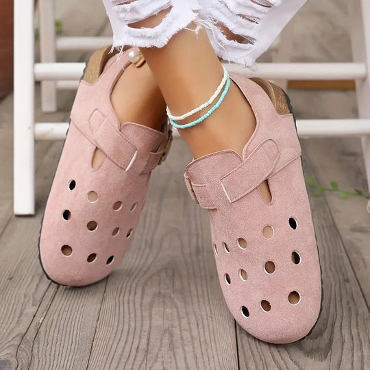 Retro-Hohlkork-Clogs mit Schnallenriemen an der Spitze