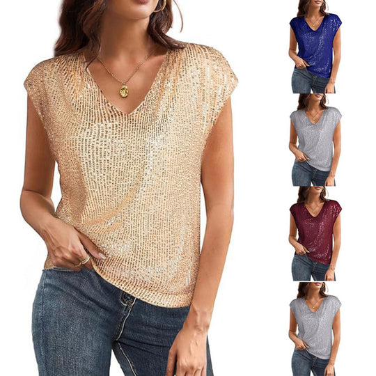 Heidi Mode | Damen Sexy V-Ausschnitt Pailletten Perlglanz Weste
