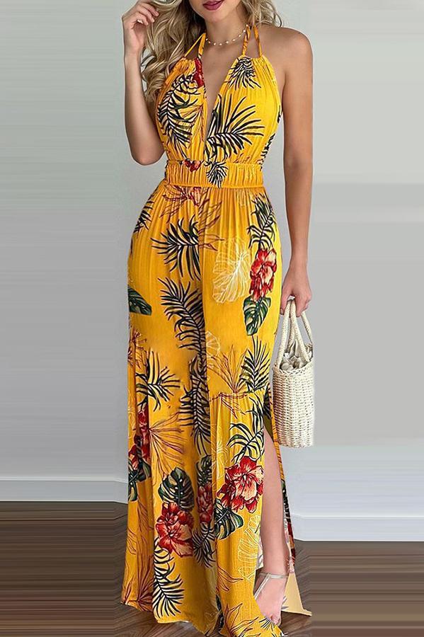 Heidi-Mode | Carneros Floral Print Halter Breite Beine Jumpsuit