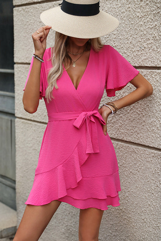 Heidi-Mode | Einfarbiges Deep V Neck Rüschensaum Mini Kleid