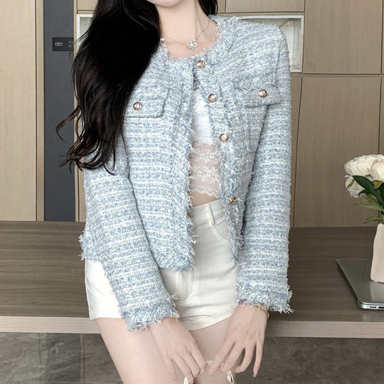 Heidi-Mode | Tweed Rundhals Einreiher Mantel