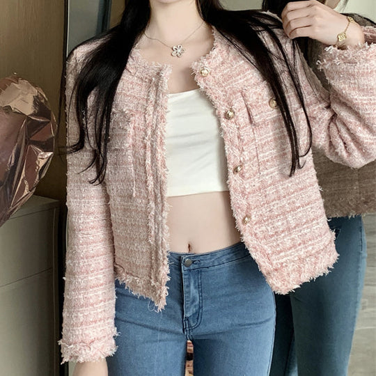 Heidi-Mode | Tweed Rundhals Einreiher Mantel