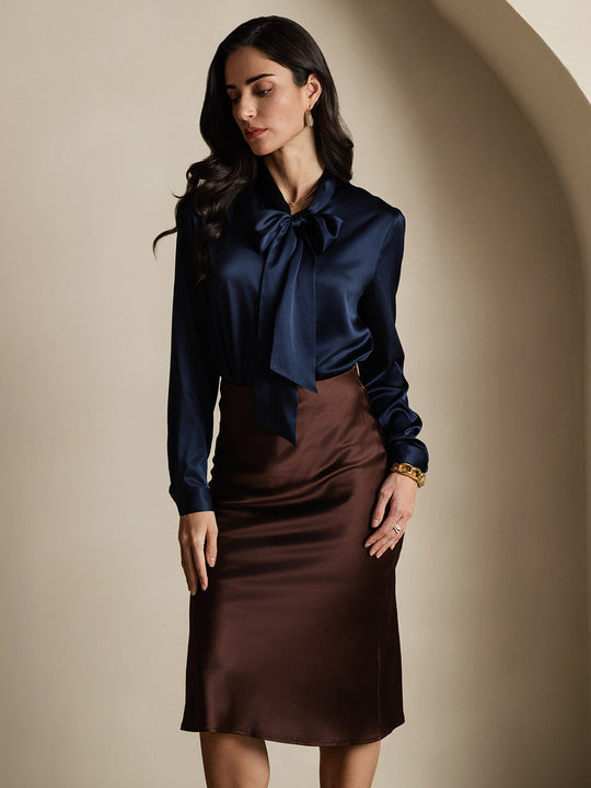 Heidi-Mode | Damen Elegante Seidenbluse mit Schlipskragen und Langen Ärmeln