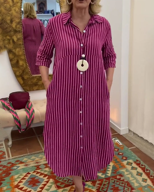 Heidi-Mode | Kleid Revers Knöpfen Gestreiftes Hemd