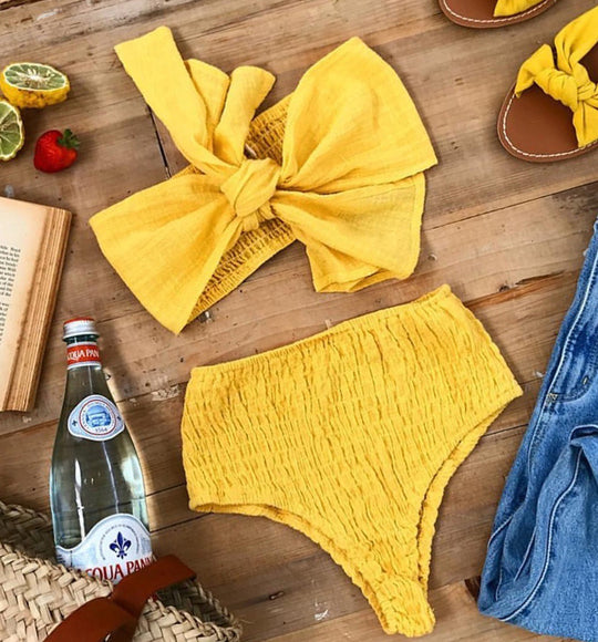 Damen Bandeau-Bikini mit strukturierter Textur und breitem Schleifen-Design Heidi-Mode