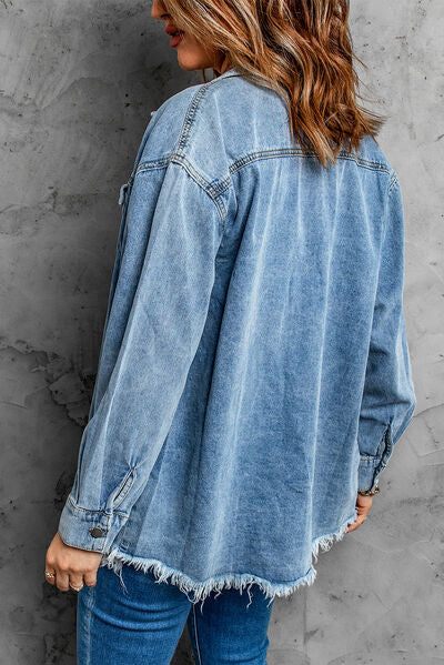 Heidi-Mode | Knöpfen Up Pocketed Raw Hem Denim Jacke