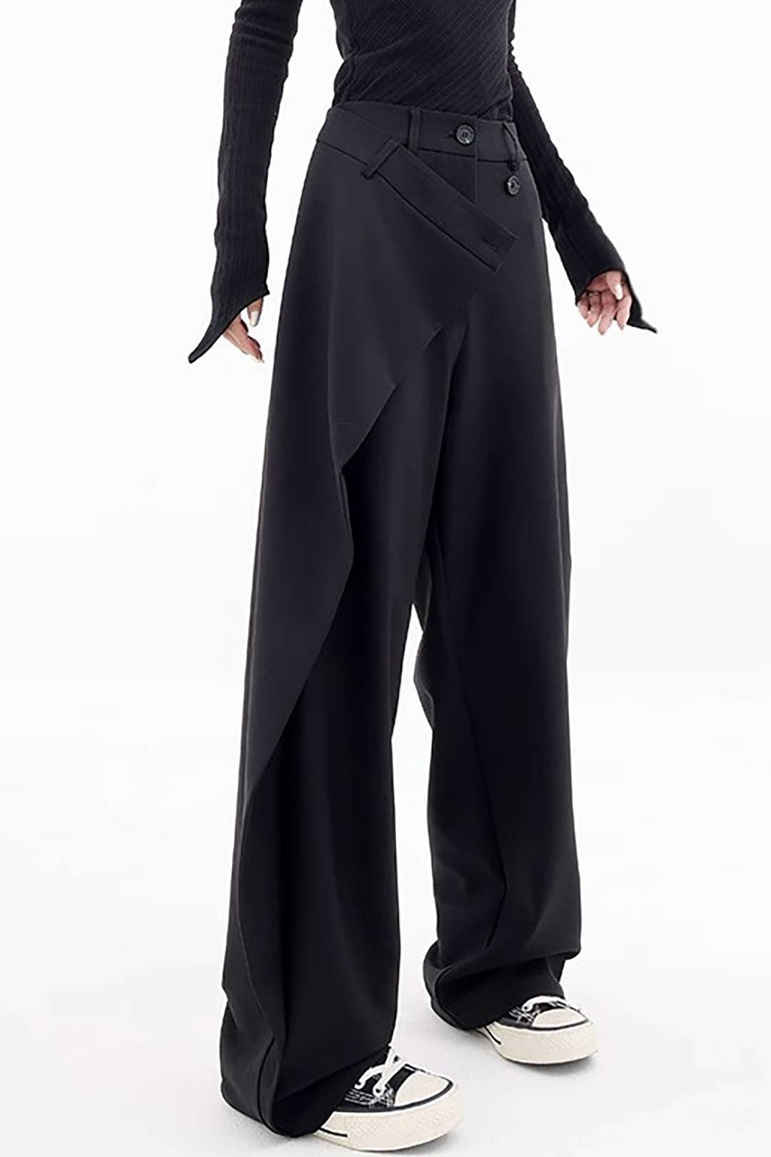 Heidi-Mode | Schwarze Drapierte Wickel Hosen Mit Geradem Bein