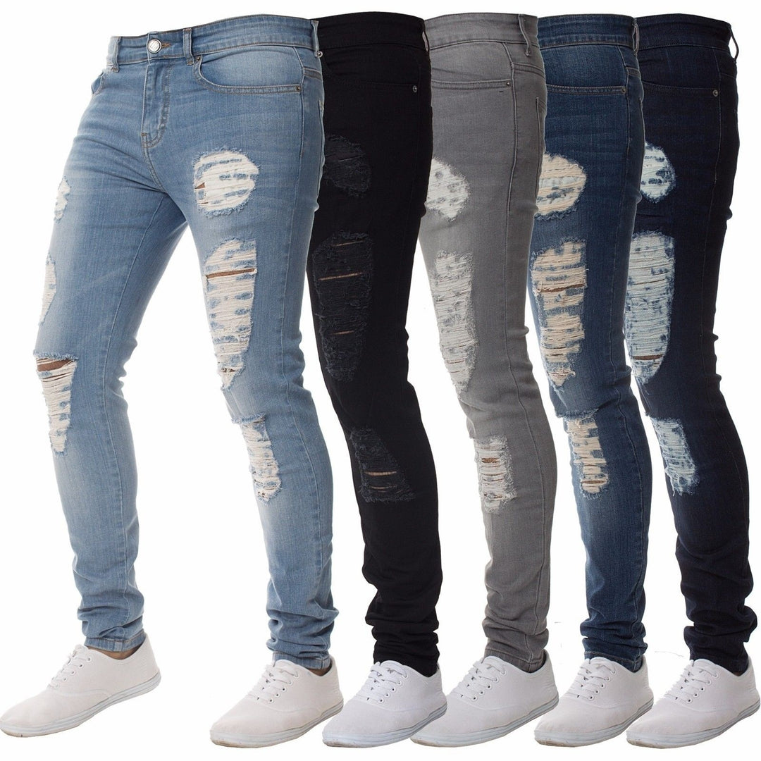 Herren Slim Fit Jeans im lässigen Destroyed-Look mit kontrastierenden Nähten Heidi-Mode